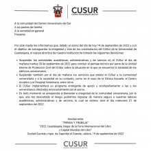 Comunicado suspensión de actividades tras sismo