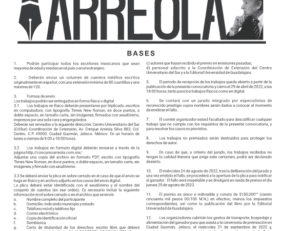 Convocatoria Veintiun Concurso Nacional de Cuento Juan José Arreola